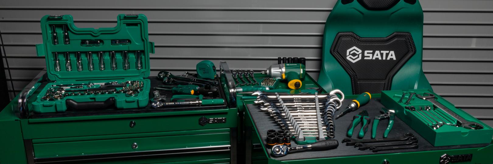 SATA Tools stacked on Tool Trolley