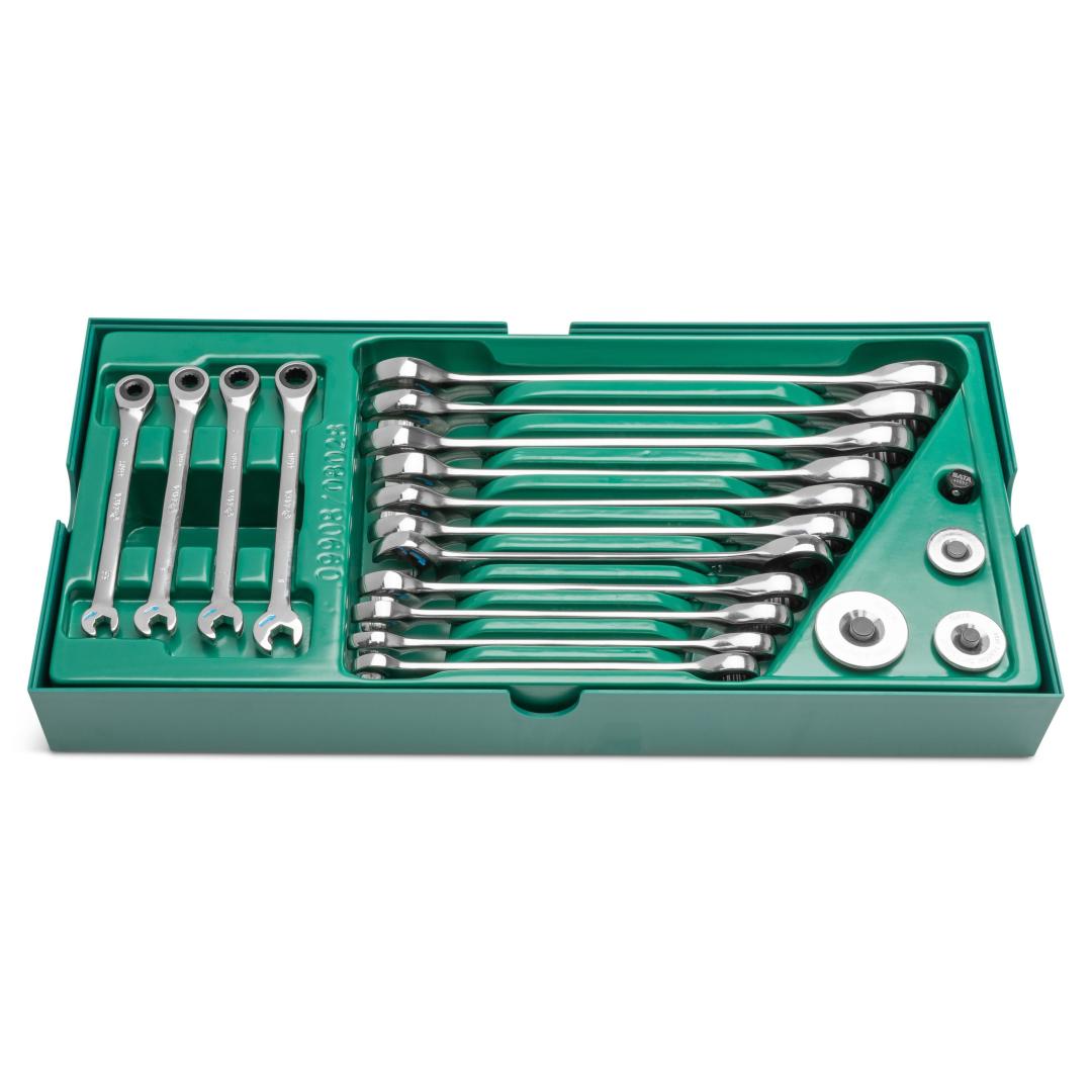 19 Pc. Metric Double Ratcheting Combination Wrench Tray Set SATA